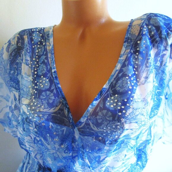 City Chic Maxi Mykonos Dress Size 16 Blue White Floral Chiffon Embellished $115 - Picture 9 of 12
